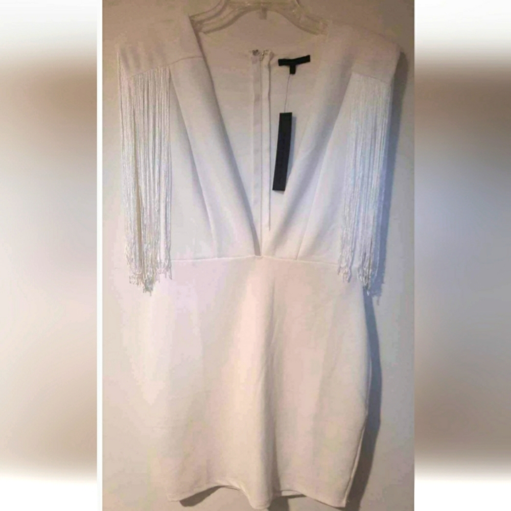 White Sexy Cowgirl tassel deep V dress